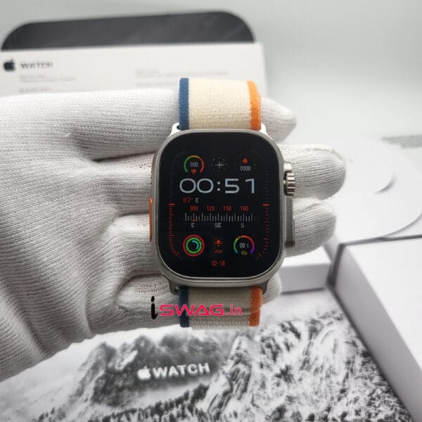 Apple Watch Ultra 2 Titanium Case 49mm With Apple Logo + Orange/Beige Trail Loop Strap 100% Same Like Original