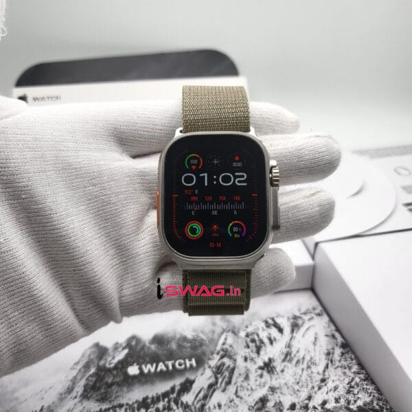 Apple Watch Ultra 2 Titanium Case 49mm With Apple Logo + Olive Alpine Loop Strap 100% Same Like Original